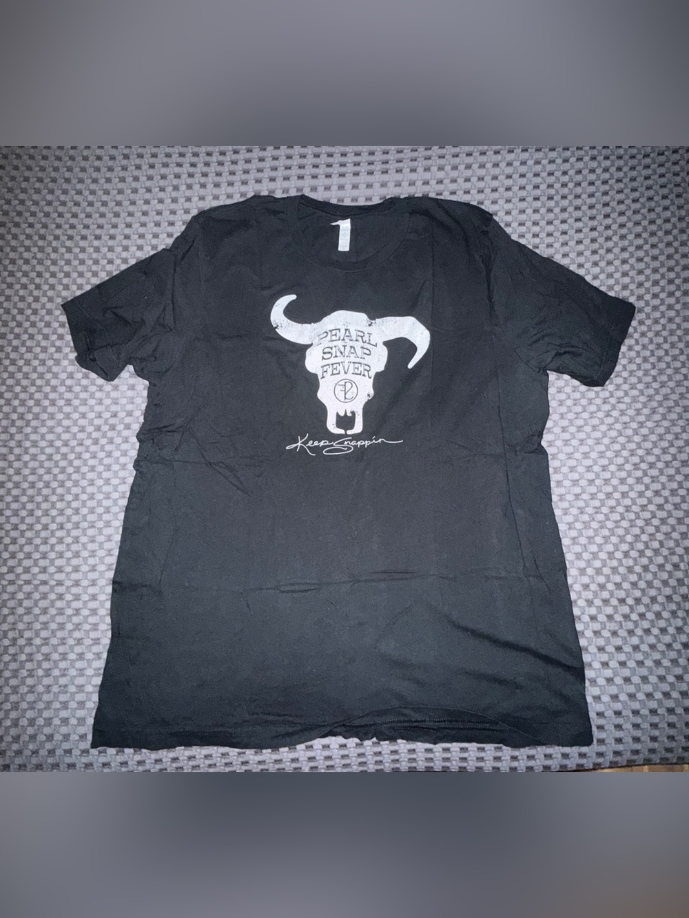Black Graphic Tee featuring 'Pearl Snap Fever' Bull Skull Design
